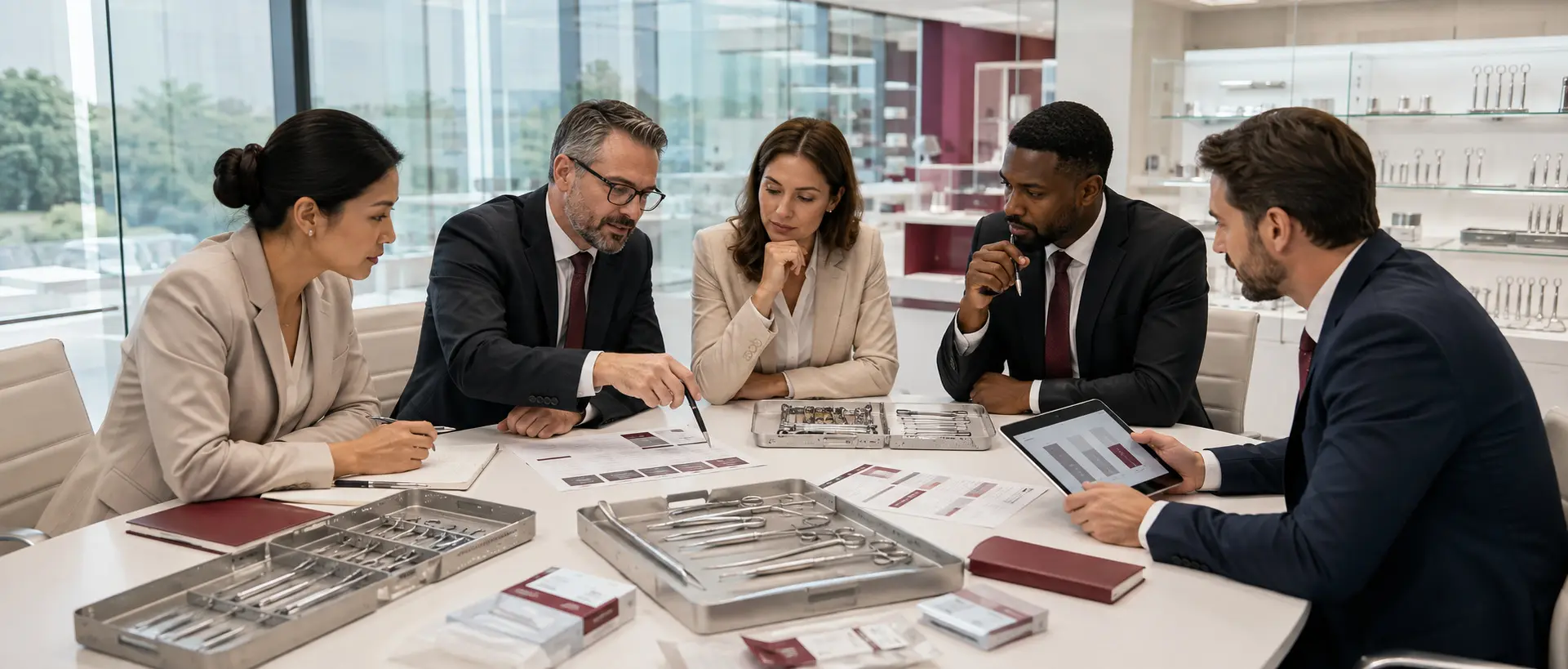Professional procurement team reviewing surgical instruments, technical specifications and commercial information