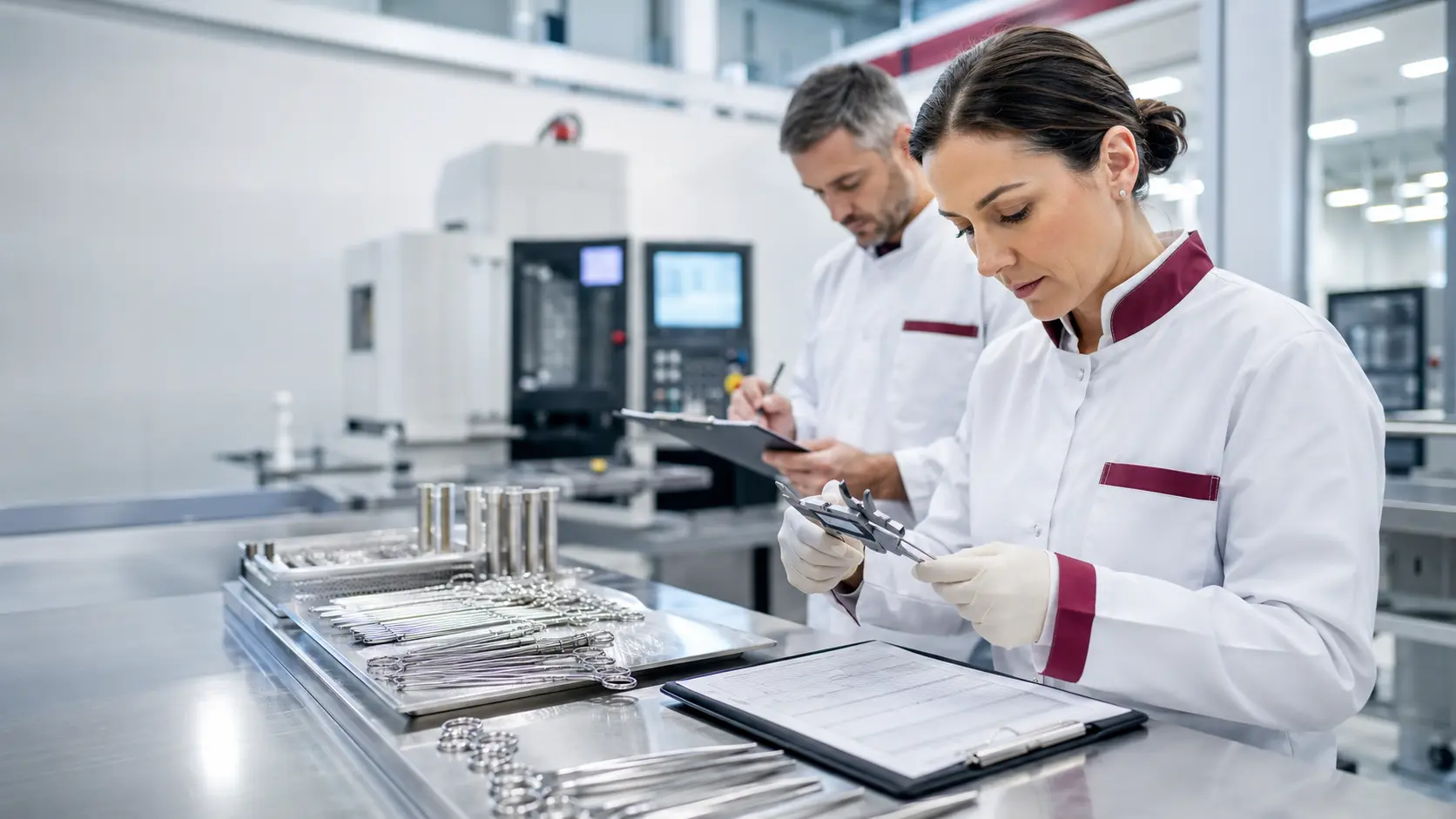 Quality specialists inspecting surgical instruments and recording documentation